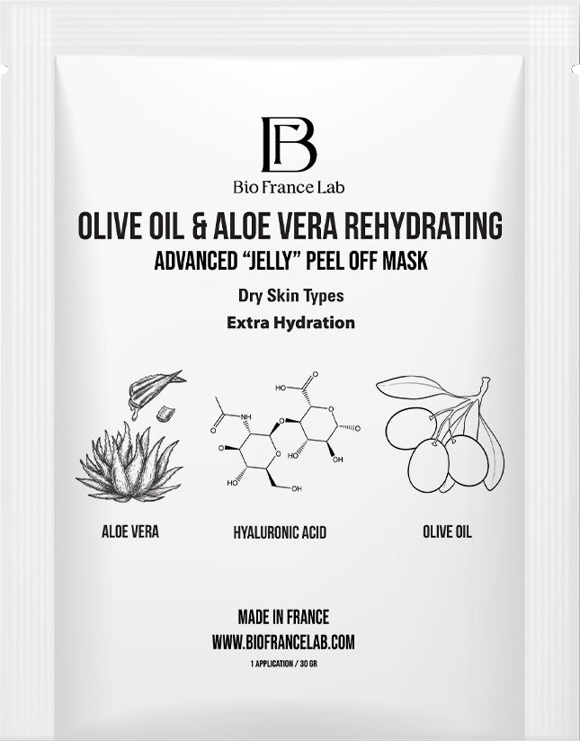 Mascarilla exfoliante avanzada “Jelly” de aceite de oliva súper hidratante y aloe vera (piel seca) (3 aplicaciones)